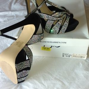 Steve Madden Black Satin Rhinestone "Ally" Heels